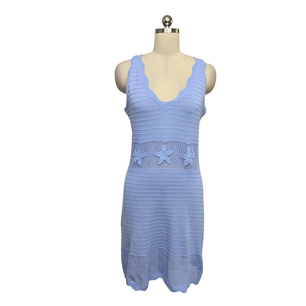 Cupshe Blue Crochet Starfish Mini Dress Scalloped V-Neck Sleeveless Large NEW